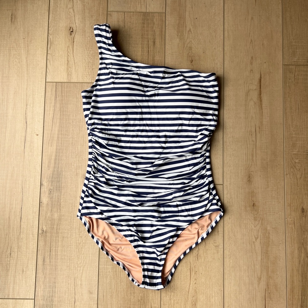 J. Crew Striped Ruched One-Shoulder Swimsuit